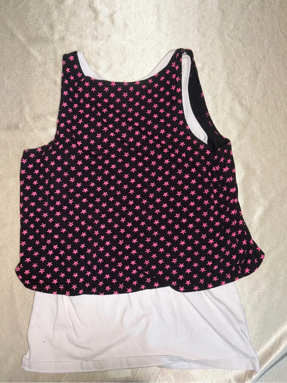 Justice Girls Layered Tank Top Black w/ Pink Stars &Silver Glitter Heart Sz 18